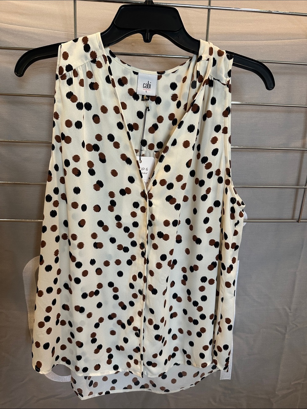 CAbi Ivory Sleeveless V-Neck Camisole with Brown & Black Polka Dots